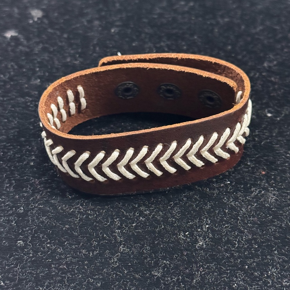 Brown Leather Bracelet with White Stitching
